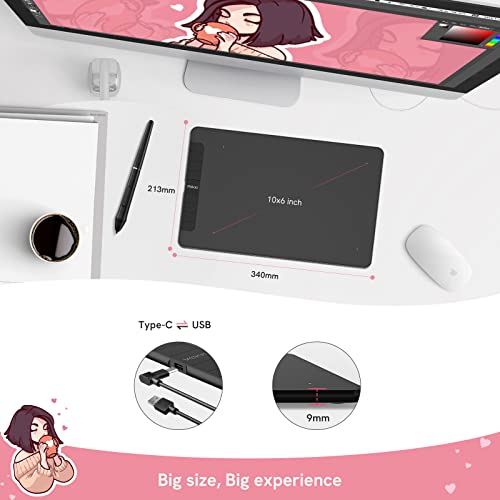Graphics Drawing Tablet, PNBOO PN1060 10 x 6 inch Large Graphic Tablet with 8192 Passive Pen 8 Hot Keys, for Paint, Design, Art Creation Sketch, for Chromebook/Linux/Android/Windows/Mac