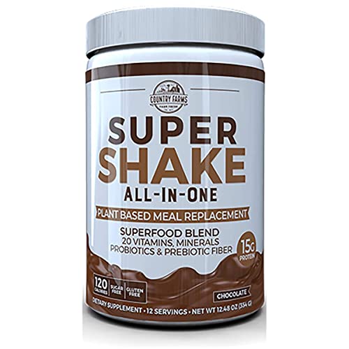 Country Farms All-in-One Super Shake Meal Replacement Dietary Supplement with Superfoods, Vitamins, Probiotics and Prebiotics, 12 Servings, Chocolate, 12.48 Oz
