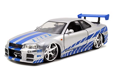 Jada Toys Fast and Furious Brian’s 2002 Nissan Skyline R34 Die-cast Car, 1:24 Scale, Silver and Blue