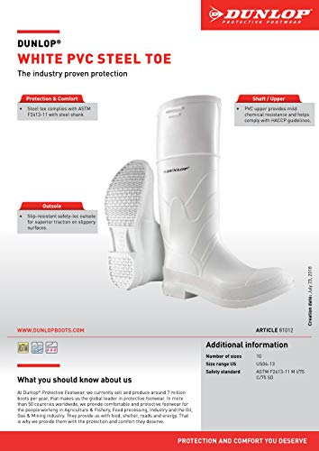 Dunlop Protective Footwear,Steel Toe White Safety Lock, 100% Waterproof PVC, Lightweight and Durable Protective Footwear, Slip-Resistant, 8101200.11, Size 11 US