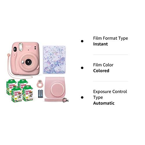Fujifilm Instax Mini 11 Instant Camera Blush Pink + Fuji Film Value Pack (40 Sheets) + Shutter Accessories Bundle, Incl. Compatible Carrying Case, Selfie Lens, Quicksand Beads Photo Album 64 Pockets