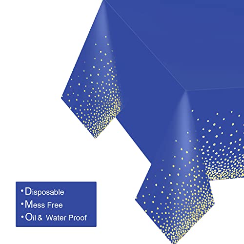 Gexolenu 2 Pack Premium Blue and Gold Disposable Plastic Tablecloth for Rectangle Tables(54' x 108'), Disposable Waterproof Table Cover for Birthday, Graduation, Gold Table Cloths Party Supplies