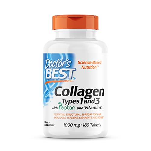 Doctor's Best Collagen Types 1 and 3 with Peptan, Non-GMO, Gluten Free, Soy Free, Supports Hair, Skin, Nails, Tendons and Bones, 1000 mg, 180 Tablets