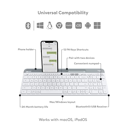 Logitech K585 Multi-Device Slim Wireless Keyboard, Built-in Cradle for Device; for Laptop, Tablet, Desktop, Smartphone, Win/Mac, Bluetooth/Receiver, Compact, Easy Switch, 24 Month Battery - Off White