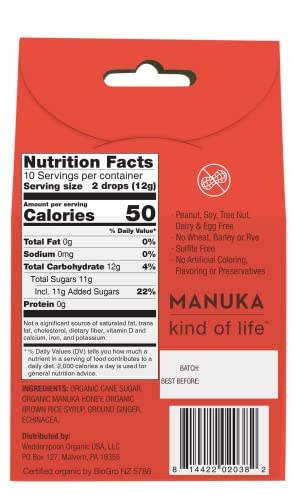 Wedderspoon Organic Manuka Honey Drops, Ginger and Echinacea, 20 Count (Pack of 1) | Genuine New Zealand Honey | Perfect Remedy For Dry Throats