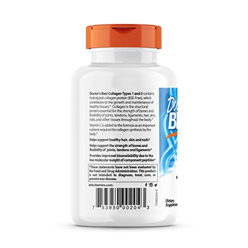 Doctor's Best Collagen Types 1 and 3 with Peptan, Non-GMO, Gluten Free, Soy Free, Supports Hair, Skin, Nails, Tendons and Bones, 1000 mg, 180 Tablets