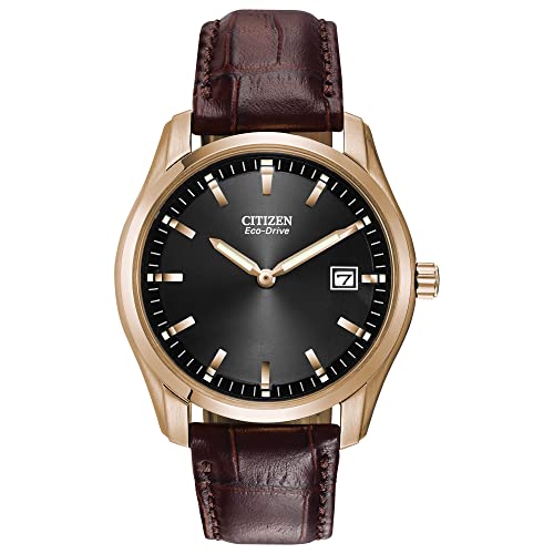 Citizen Men's Eco-Drive Corso Classic Watch in Gold-tone Stainless Steel with Brown Leather Strap, Black Dial (Model: AU1043-00E)
