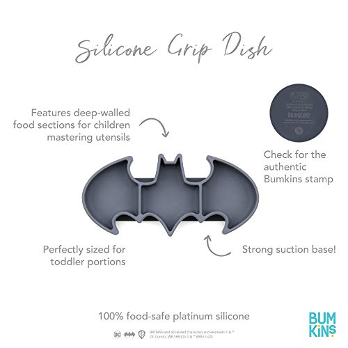 Bumkins DC Comics Silicone Grip Dish Suction, Divided and Baby Toddler Plate, BPA Free, Microwave Dishwasher Safe, Batman