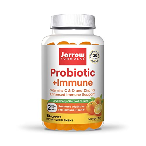 Jarrow Formulas Probiotic+ Immune Gummies - Gut and Immune - 2 Billion CFU+ Vitamins C, D and Zinc - 90 Gummies - 45 Servings - Digestive and Immune Health Support - Orange Flavored Dietary Supplement