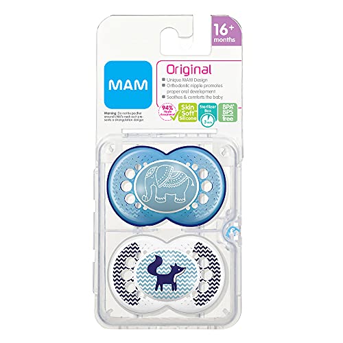 MAM Original Baby Pacifier, Nipple Shape Helps Promote Healthy Oral Development, Sterilizer Case, 2 Pack, 16+ Months, Animal/Boy