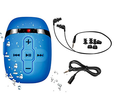 Sewobye Waterproof MP3 Player for Swimming, Waterproof Headphones with Short Cord, mp3 Waterproof Swimming Underwater 3 Meter, Shuffle Feature (Blue)
