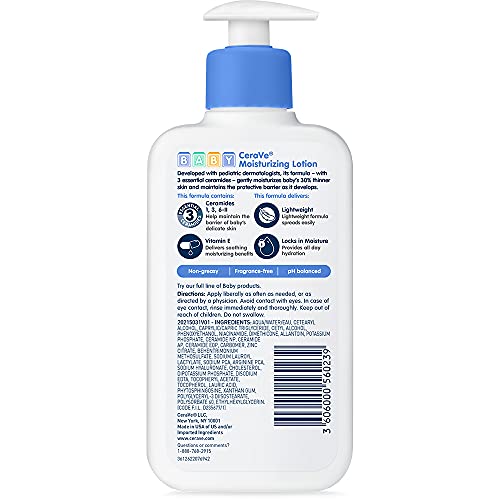 CeraVe Baby Lotion | Gentle Baby Skin Care with Ceramides, Niacinamide and Vitamin E | Fragrance, Paraben, Dye and Phthalates Free | Lightweight Baby Moisturizer | 8 Ounce | Packaging May Vary