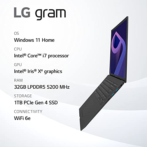 LG gram (2022) 15Z90Q Ultra Lightweight Laptop, 15' (1920 x 1080) IPS Display, Intel 12th Gen i7 1260P Processor, 32GB LPDDR5, 1TB NVMe SSD, FHD Webcam, WiFi 6E, Thunderbolt 4, Windows 11, Black