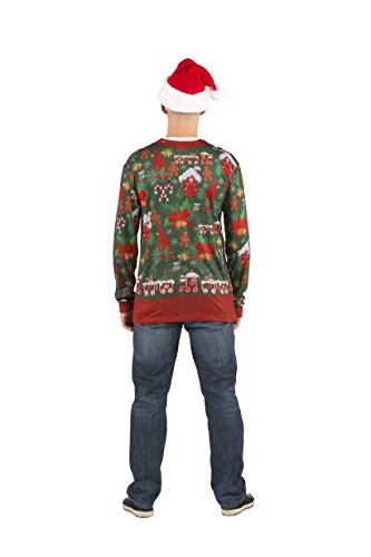 Faux Real Men's 3D Photo-Realistic Ugly Christmas Sweater Long Sleeve T-Shirt, Red and Green, Large