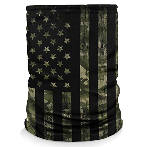 Neck Gaiter Face Mask Scarf - Proudly Made in The USA. Sun and Dust Protection, Sport, Bandanas for Fishing, Hiking, Cycling, Motorcycling, Running - Green Camo Flag and Red Stripe Flag