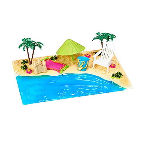 DecoSet® Beach Chair and Umbrella Tropical Beach Cake Decoration, 6 Piece Cake Topper Set, Palm Trees, Deck Chair, Beach Umbrella, Sand Castle and Bucket, Food Safe,