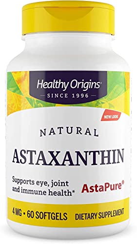 Healthy Origins Astaxanthin 4 mg (Natural, Astapure, Non-GMO, Gluten Free, Eye Support, Joint Support, Immune Support), 60 Softgels