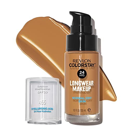 Liquid Foundation by Revlon, ColorStay Face Makeup for Normal and Dry Skin, SPF 20, Longwear Medium-Full Coverage with Natural Finish, Oil Free, 455 Honey Beige, 1 Fl Oz