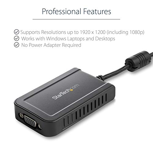 StarTech.com USB to VGA Adapter - 1920x1200 - External Video and Graphics Card - Dual Monitor Display Adapter - Supports Windows (USB2VGAE3)