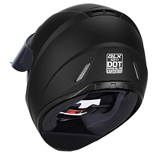 GLX GX11 Compact Lightweight Full Face Motorcycle Street Bike Helmet with Extra Tinted Visor DOT Approved (Matte Black, X-Large)