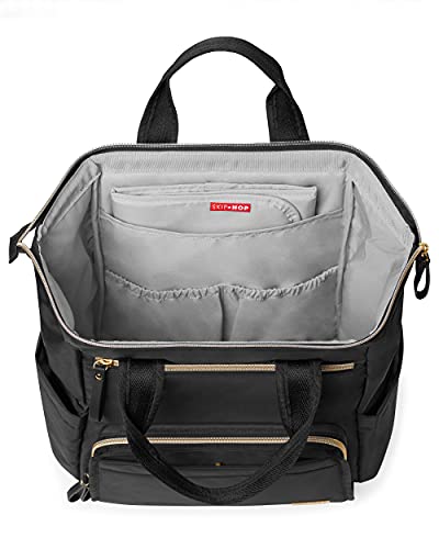 Skip Hop Diaper Bag Backpack: Mainframe Large Capacity Wide Open Structure with Changing Pad and Stroller Attachement, Black with Gold Trim
