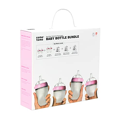 Comotomo Baby Bottle Bundle, Pink, (7 Piece Set)