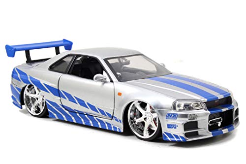 Jada Toys Fast and Furious Brian’s 2002 Nissan Skyline R34 Die-cast Car, 1:24 Scale, Silver and Blue