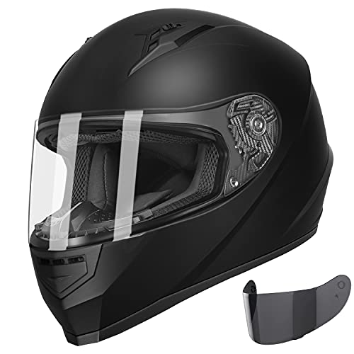 GLX GX11 Compact Lightweight Full Face Motorcycle Street Bike Helmet with Extra Tinted Visor DOT Approved (Matte Black, X-Large)