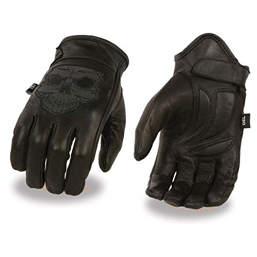 Milwaukee Leather MG7570 Men's ‘Reflective Skull’ Black Leather Gloves with Gel Palm - Medium