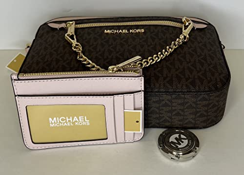 Michael Kors Jet Set Large Chain Crossbody Bag bundled with with SM TZ Coinpouch Wallet and Purse Hook (Signature MK Brown/Powder Blush)