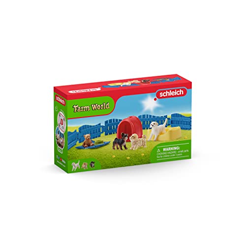 Schleich Farm World, Animal Toys for Kids, Puppy Pen Playset with Dog Figurines and Accessories 13-piece set, Ages 3+