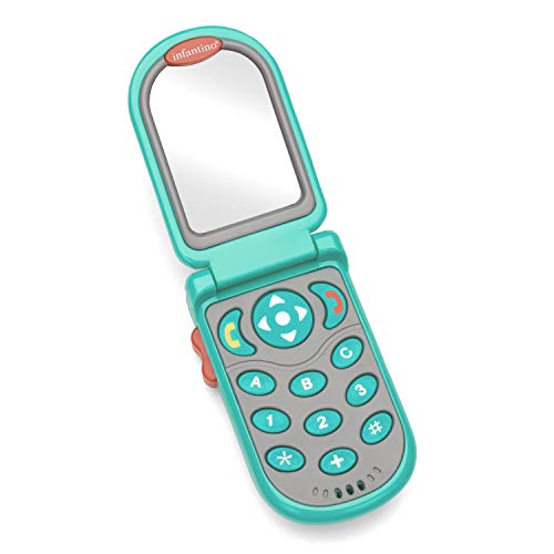Infantino Flip and Peek Fun Phone: Bilingual with 3 English and 3 Spanish Phrases, Sounds Effects for Engagement, Peek a Boo Mirror Inside, 2 Colors, Ages 3 Months +, Teal, 1 Count (Pack of 1)