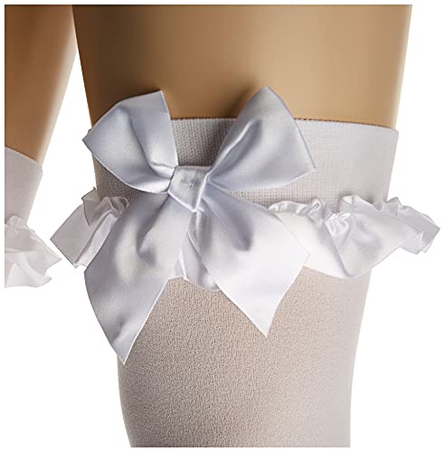 Leg Avenue Women's Satin Ruffle Trim and Bow Thigh Highs, White, One Size