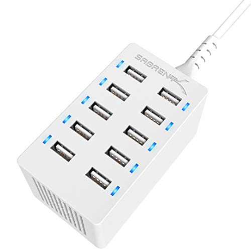 SABRENT 60 Watt (12 Amp) 10 Port [UL Certified] Family Sized Desktop USB Rapid Charger. Smart USB Charger with Auto Detect Technology [White] (AX-TPCS-W)