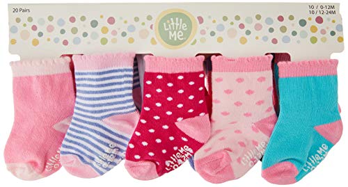 Little Me 20-Pair Newborn Baby Infant and Toddler Girls Socks, 0-12/12-24 Months, Assorted Size Pack, Multi, 40count (Pack of 1