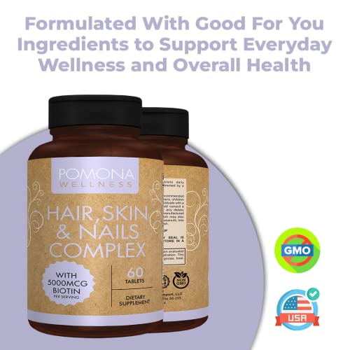 Pomona Wellness Hair, Skin and Nails Complex Supplement, 5000MCG Biotin Per Serving, Supports Healthy Skin, Hair Growth, Strong Nails, Boost Collagen with B Vitamins, Vitamin C, Non-GMO, 60 Count
