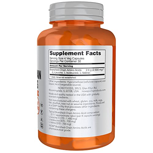 NOW Sports Nutrition, Branched Chain Amino Acids, With Leucine, Isoleucine and Valine, 120 Veg Capsules