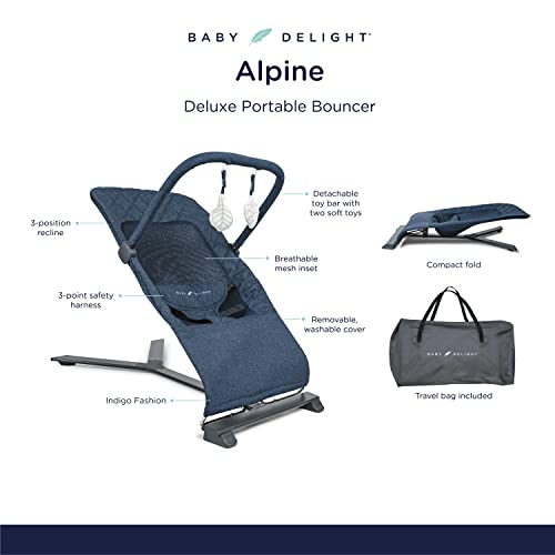 Baby Delight Alpine Deluxe Portable Bouncer, Infant, 0 – 6 Months, Quilted Indigo
