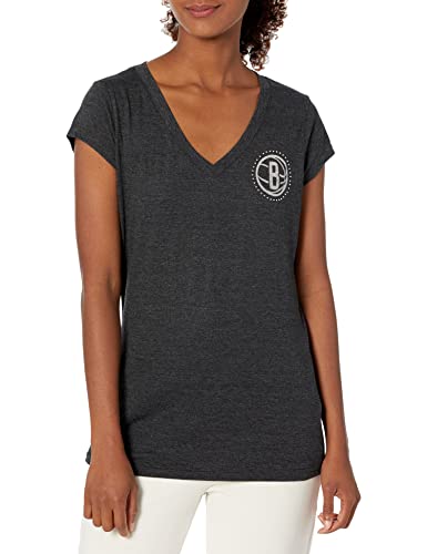 Ultra Game -NBA Brooklyn Nets Womens V-Neck Rhinestone Short Sleeve Tee Shirt, Charcoal Heather, Large
