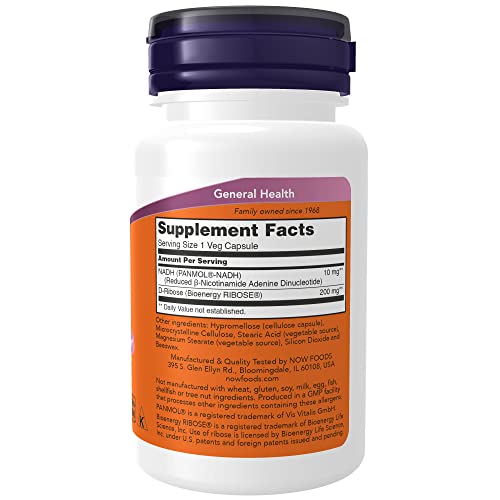 NOW Supplements, NADH (Reduced Nicotinamide Adenine Dinucleotide) 10 mg with 200 mg D-Ribose, 60 Veg Capsules
