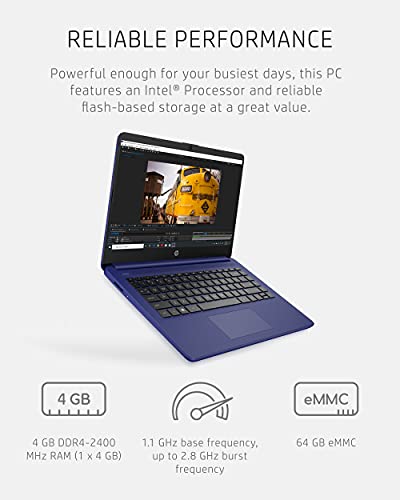 HP 14 Laptop, Intel Celeron N4020, 4 GB RAM, 64 GB Storage, 14-inch HD Touchscreen, Windows 11 Home, Thin and Portable, 4K Graphics, One Year of Microsoft 365 (14-dq0050nr, 2021, Indigo Blue)