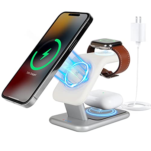 3-in-1 Wireless Charging Station, 18W Fast Mag-Safe Charger Stand for iPhone 14, 13 and 12 Series - Apple Watch and AirPods, Magnetic Wireless Charging Station for Multiple Devices with Adapter and LED