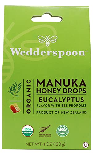 Wedderspoon Organic Manuka Honey Drops, Eucalyptus and Bee Propolis, 20 Count (4oz) (Pack of 1)| Genuine New Zealand Honey | Perfect Remedy For Dry Throats