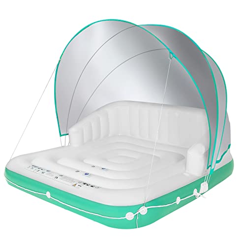 YUSING Inflatable Pool Floats, 2-3 Person Giant Pool Float Lounger with UPF50 Retractable Canopy and Cup Holder for Adults and Kids, Floating Island for Indoor and Outdoor