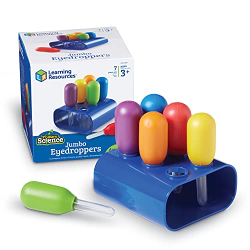 Learning Resources Jumbo Colorful Eyedroppers - Set of 6 with Stand, Ages 3+ Science Class Tools, Preschool Science, Sensory Table Accessories, Toddler Science Goggles, Droppers for Kids