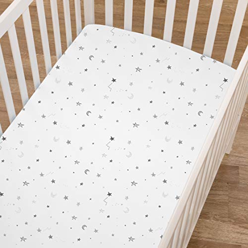 American Baby Company Printed 100% Cotton Jersey Knit Fitted Crib Sheet for Standard Crib and Toddler Mattresses, Grey Stars and Moon, 1 Count (Pack of 1) (Pack of 1)
