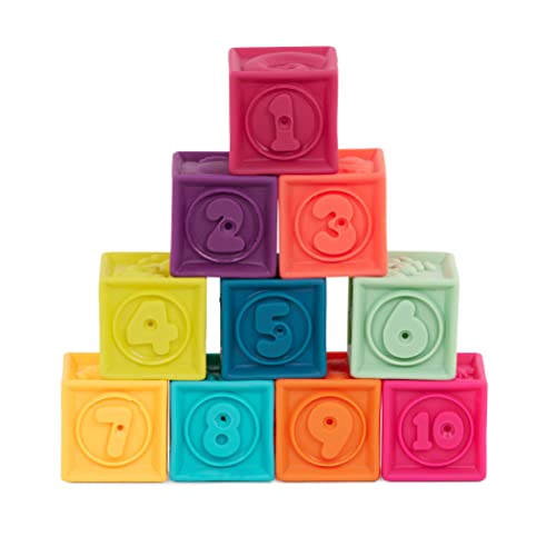 B. toys One Two Squeeze Baby - Building Blocks for Toddlers Educational Toys 6 Months and Up with Numbers, Shapes, Animals and Textures â€“ 10 Soft and Colorful Stacking Blocks
