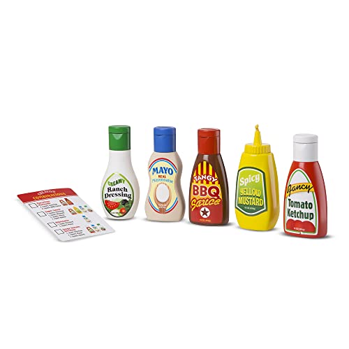 Melissa and Doug 5-Piece Favorite Condiments Play Food Set - Play Ketchup and Mustard Bottles, Pretend Play Food Set For Kids Ages 3+