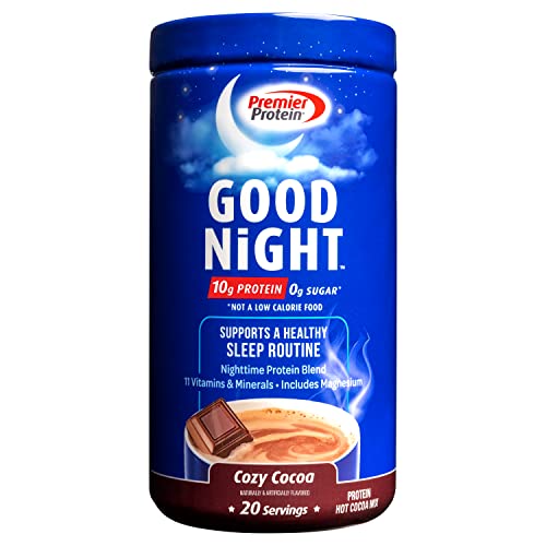 Premier Protein Good Night Protein Powder, Hot Cocoa Mix, 10g Protein, 0g Sugar, 11 Vitamins and Minerals, Nighttime Protein Blend, Magnesium, Zinc, 20 Serve, 1 Tub