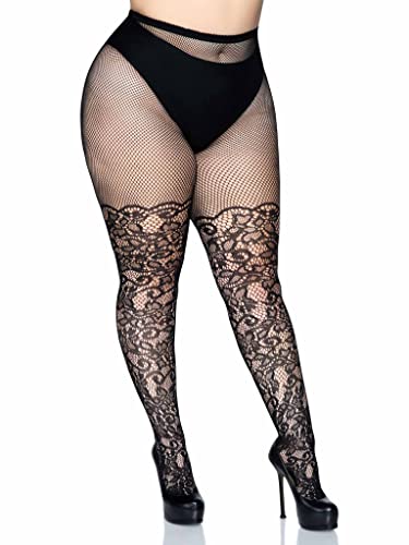 Leg Avenue Womens Plus Size Floral Vine Fishnet Tights, Plus Size, Black